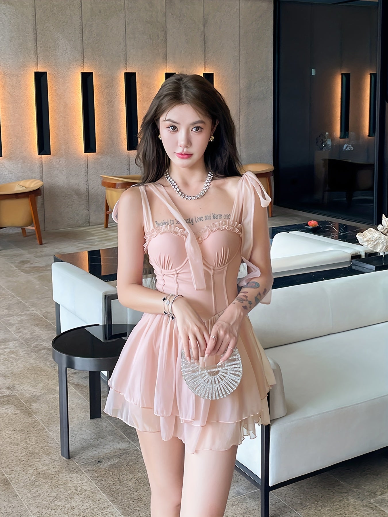 Bow Shoulder Corset Swimsuit Dress