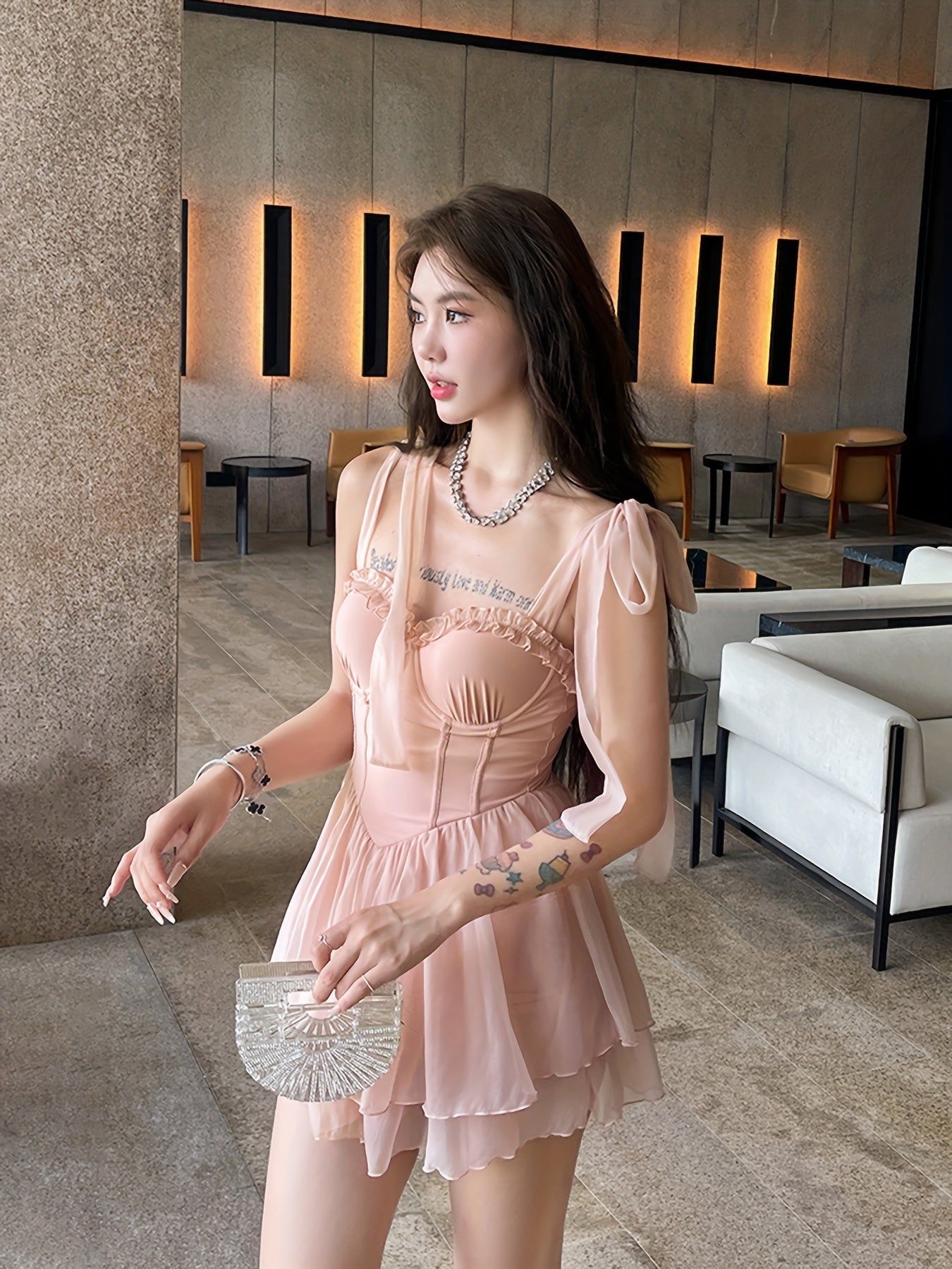 Bow Shoulder Corset Swimsuit Dress