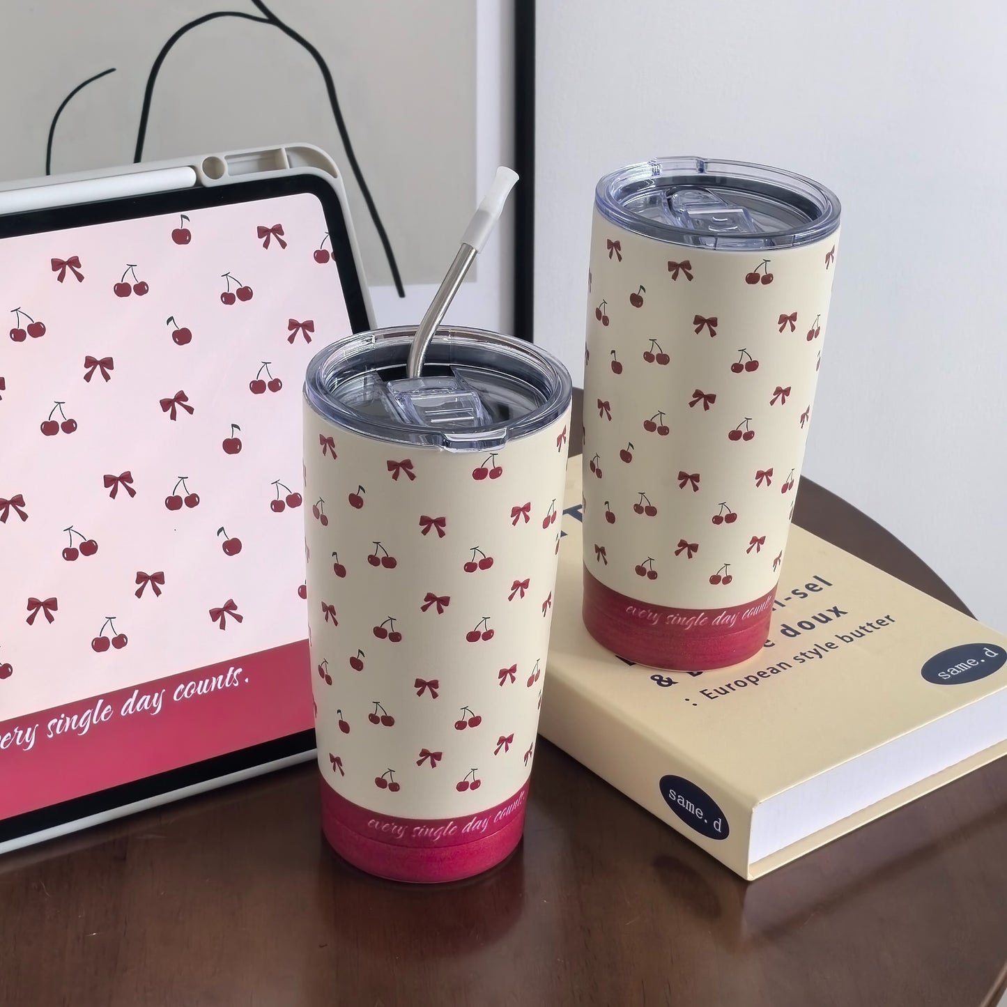 ✨Stainless Steel Cherry and Bow Cup with Straw✨