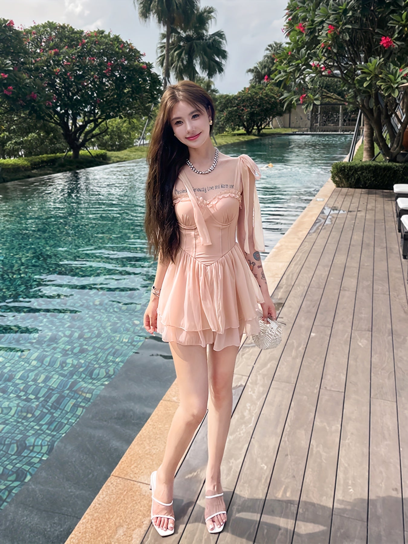 Bow Shoulder Corset Swimsuit Dress