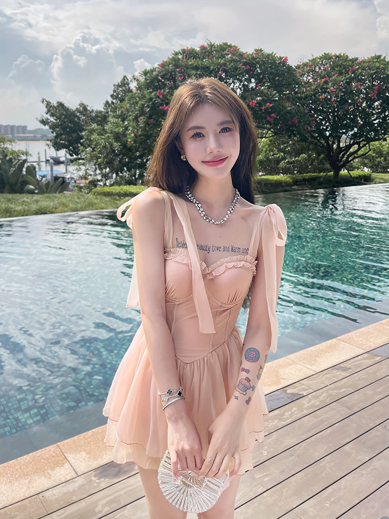 Bow Shoulder Corset Swimsuit Dress