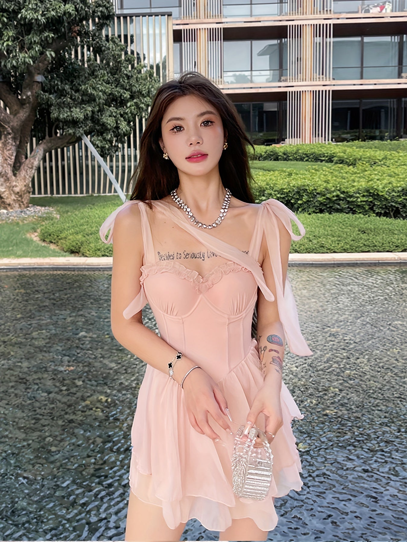Bow Shoulder Corset Swimsuit Dress