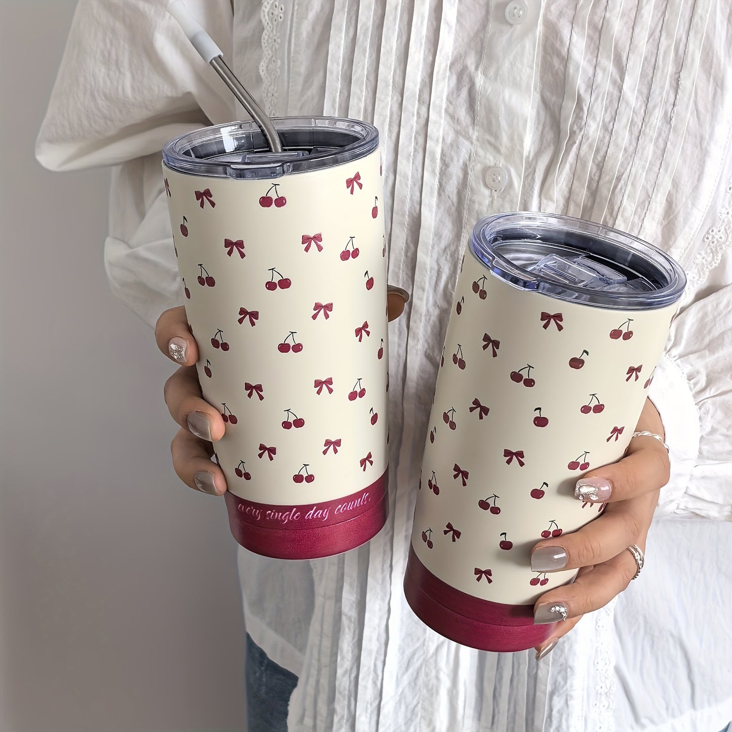 ✨Stainless Steel Cherry and Bow Cup with Straw✨