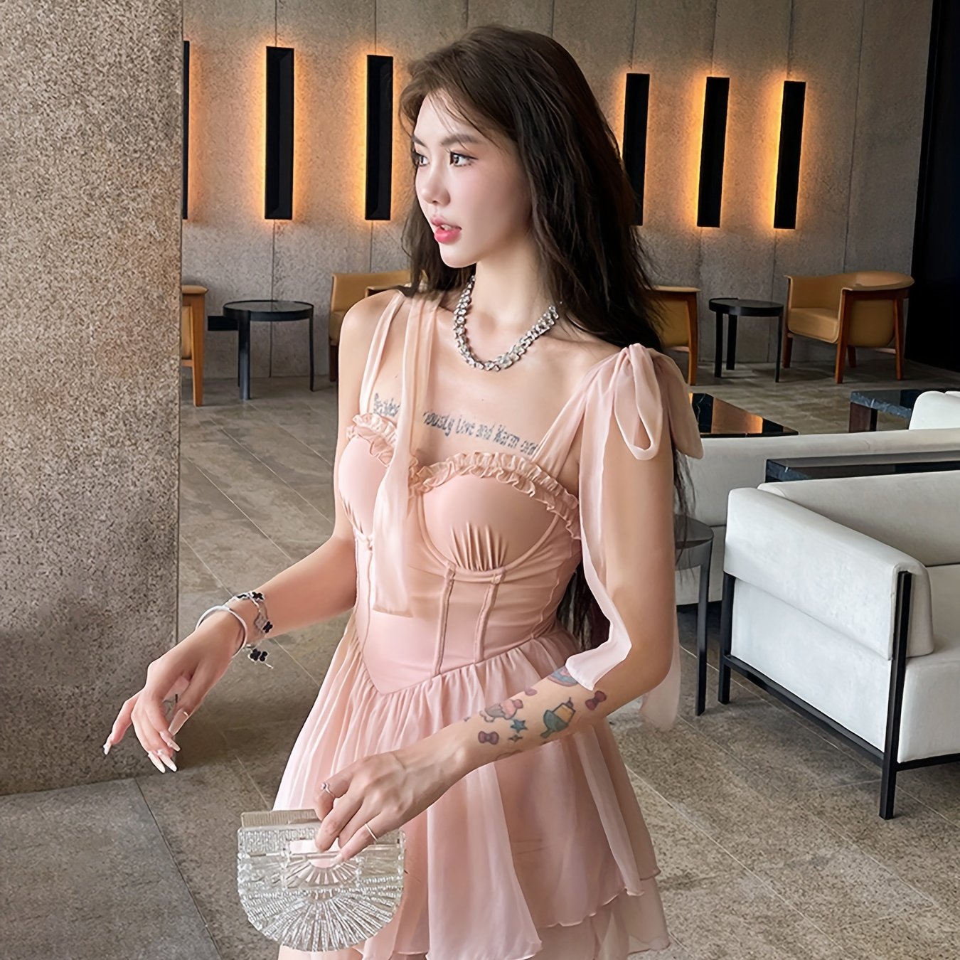 Bow Shoulder Corset Swimsuit Dress